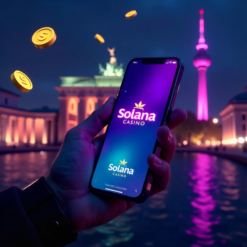 A hand holding a sleek futuristic smartphone displaying the official Solana Casino Germany app with a vibrant purple and cyan interface, background is the Berlin skyline with the Brandenburg Gate and TV Tower at night, 3D Solana logo coins and golden poke